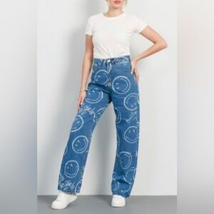 Smiley x H&M High Rise Wide Leg Jeans – Blue Denim with Smiley Print